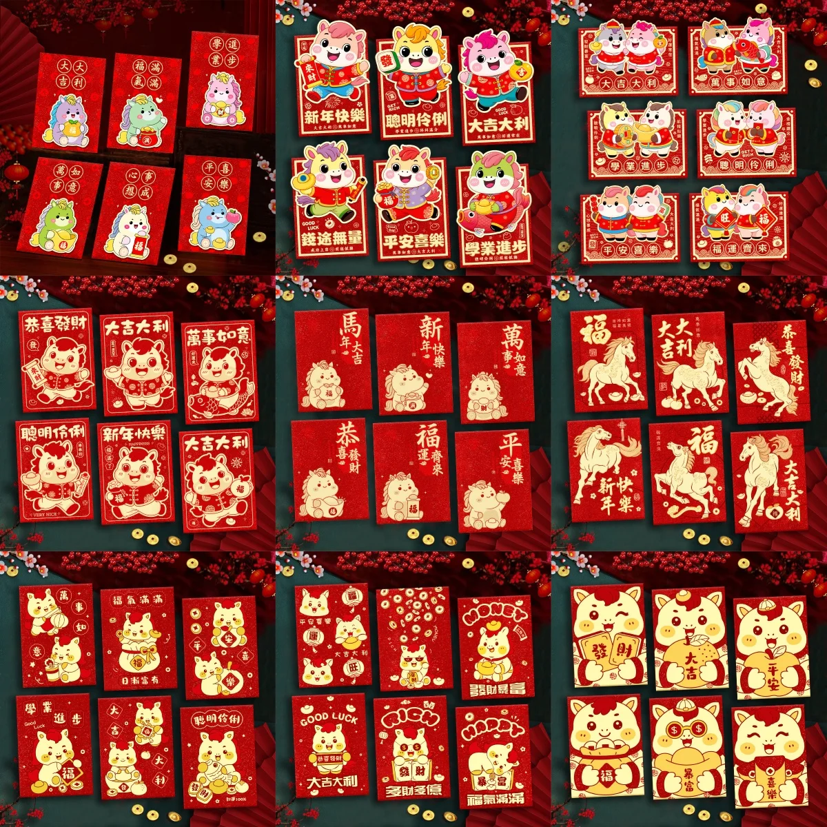 6 pçs bolsos vermelhos da sorte ano novo chinês envelope de dinheiro 2026 cavalo ano primavera festival casamento aniversário envelope