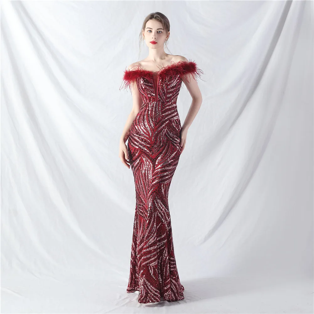 2024 Burgundy Long Dress Evening Off The Shoulder Floor Length Feathers Sequined High Quality Prom Party Gowns In Stock