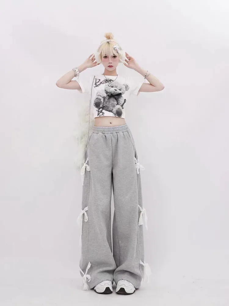 Women\'s Grey Lace Lace-up Pants Vintage Y2k Harajuku 90s Aesthetic Sweatpants Retro High Waist Wide Trousers 2000s Clothes 2024