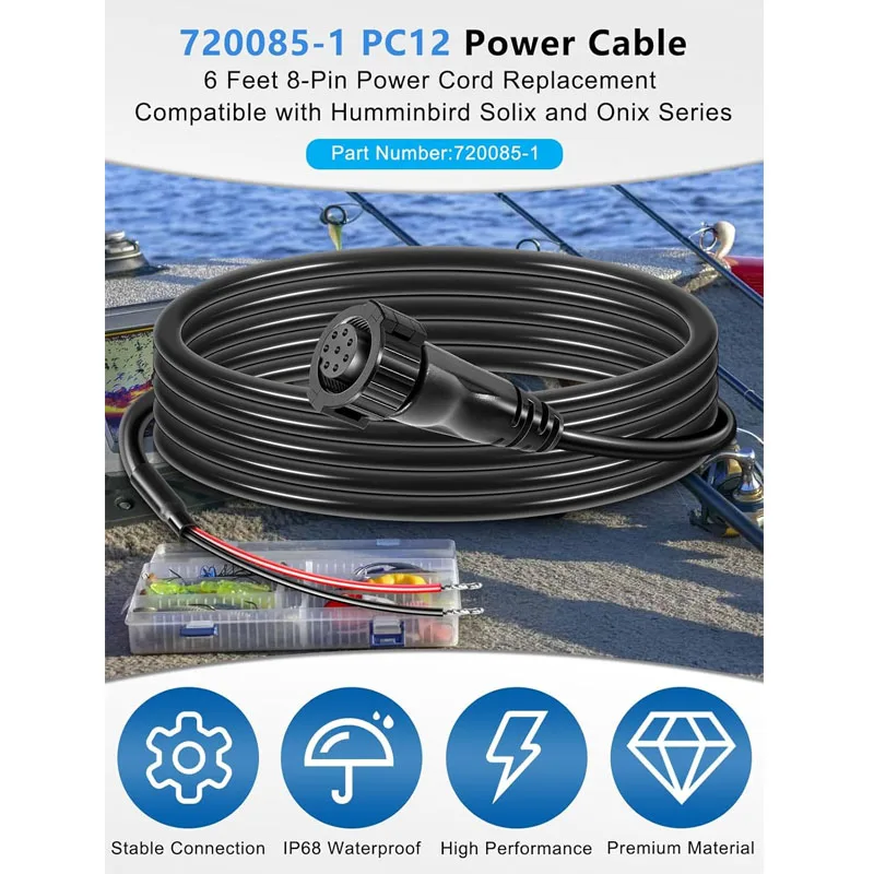 720085-1 Yacht Power Cable 6 Feet, PC12 Power Cord 8-Pin Compatible with Humminbird Solix and Onix Series All Models,Boat Parts