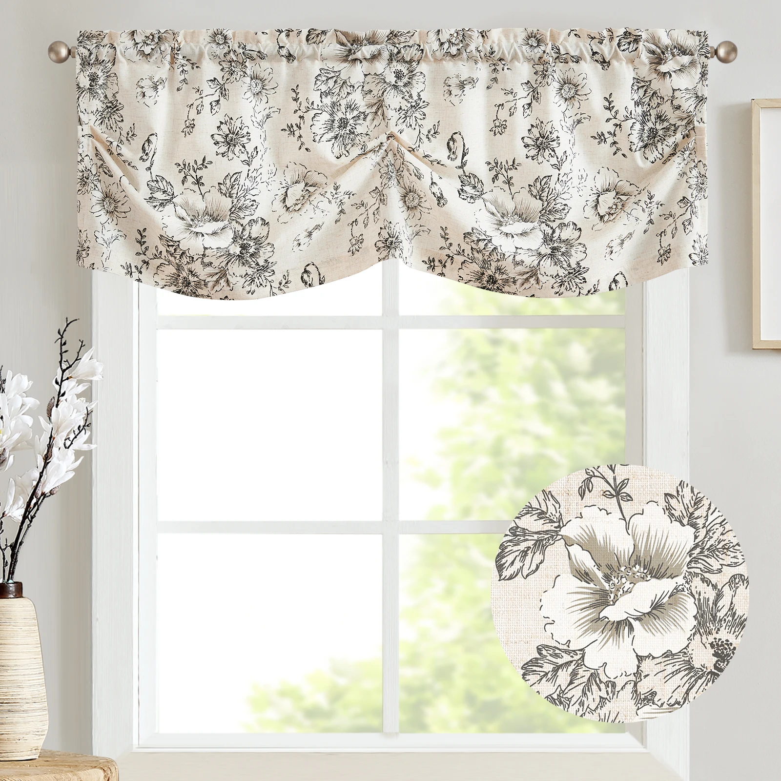 JINCHAN 16 Inch Linen Pleated Valance Farmhouse Floral Printed Valance Kitchen Bathroom Light Filtering Short Window Curtain