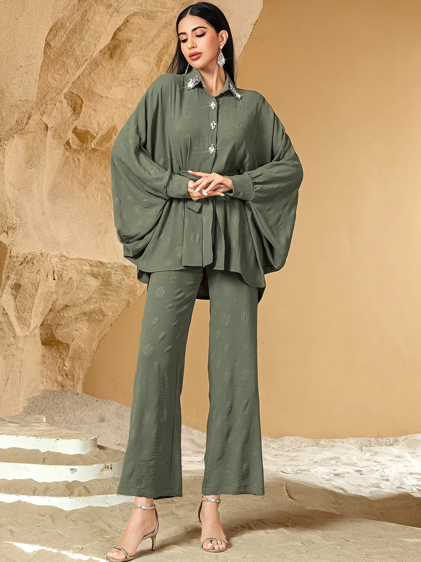 

2pcs Casual Muslim Sets for Women Diamonds Shirt Pants Dubai Abayas Tops Trousers Suit Islamic Outfits Femme Musulmane Ensembles