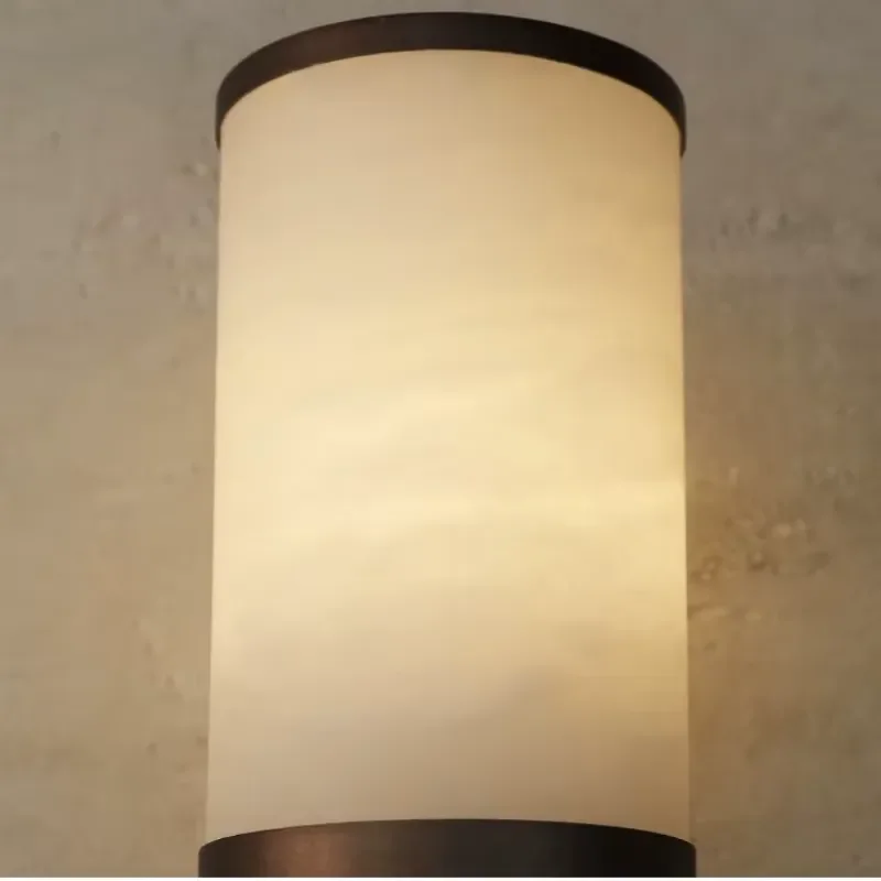 Vintage Brass Alabaster Wall Sconce Minimalist Cylinder Natural Onyx Wall Lamp Bedroom Decor Lighting