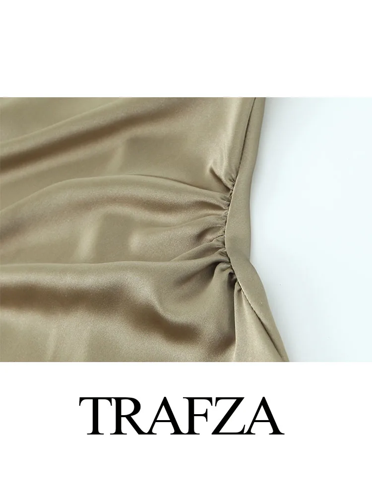 TRAFZA abito estivo per donna 2024 raso di seta strutturato o-collo senza maniche vita pieghettato abiti lunghi Slim abito elegante Vestidos