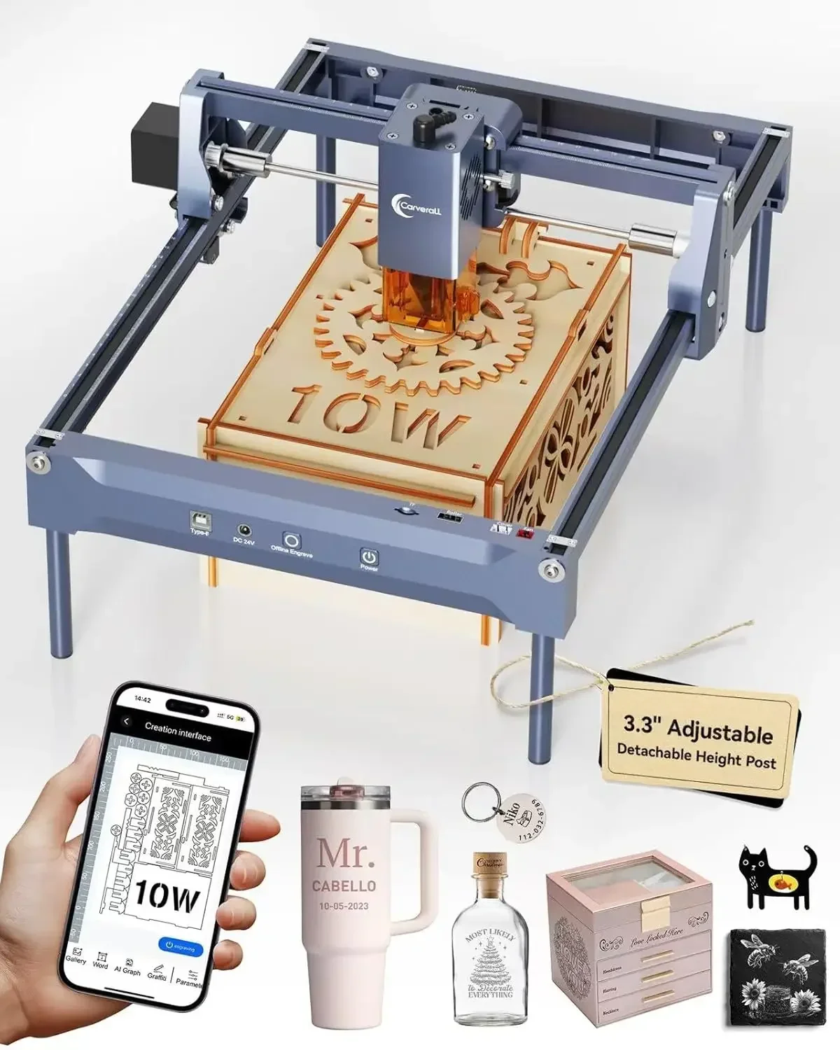 Laser Engraver 10W Laser Engraving Machine for Wood Metal Acrylic Glass Stone, Powerful DIY CNC Portable Laser Cutter 7.9" x 11. view 2