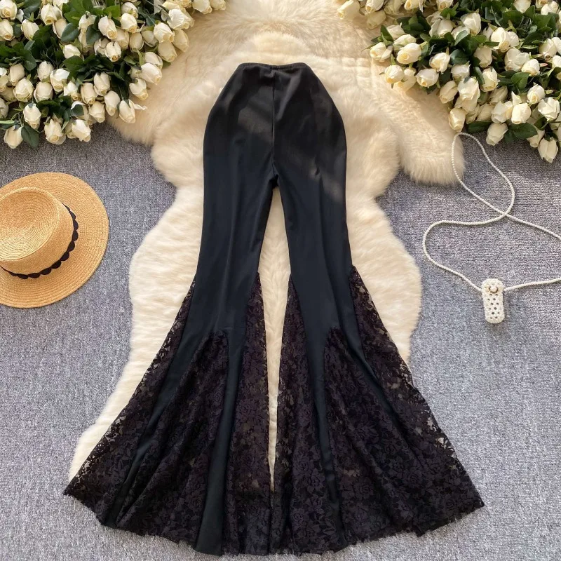 Women New Loose Casual Fashion Simple Yankee Premium Niche Design Sense Pure Color Lace Net Yarn Extravagant Flared Trousers