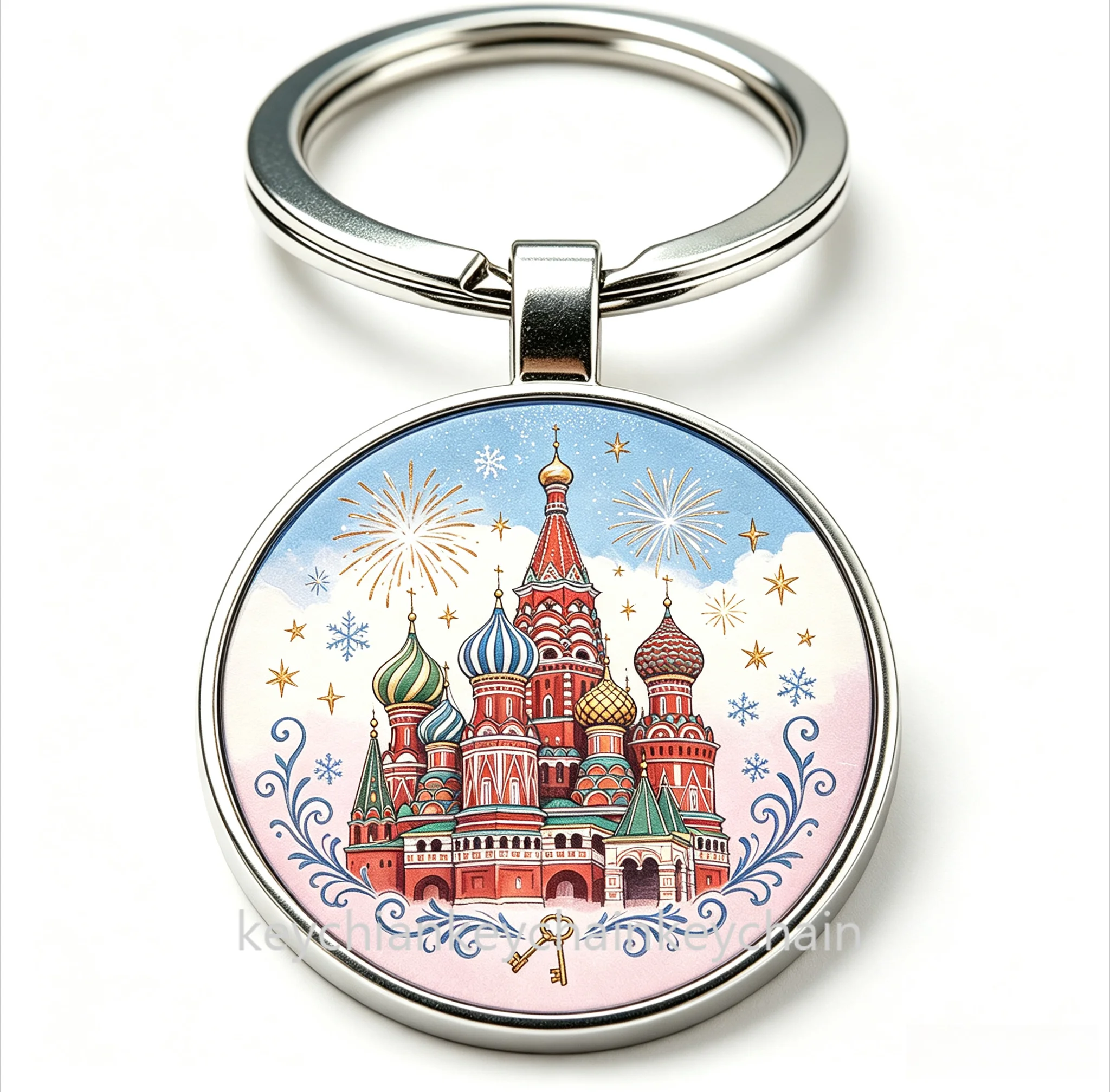 Moscow St. Basil Cathedral Keyring, Winter Snowflake Church Round Metal Russia Travel Souvenir Key Chain