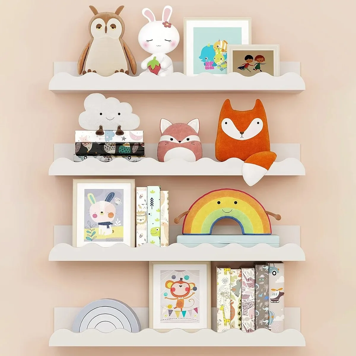 

White Wavy Wooden Floating Shelf Bedroom Wall-Mounted Shelf Storage Wall Rack Home Toys Organizer Books Ledge Nursery Wall Decor
