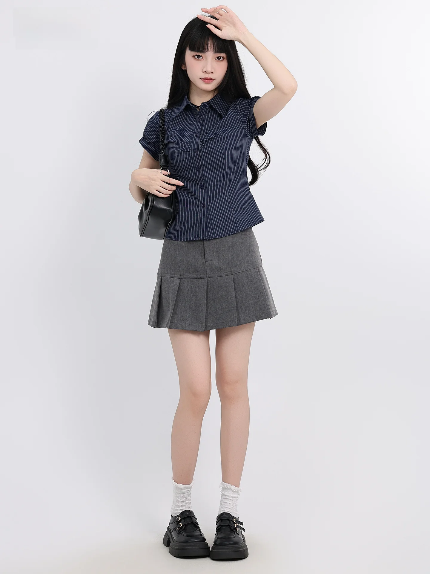 Korean Sle Commuter Retro k Blue Striped ort Sve  irt Women's Summer New Folded oulder Regular Fit irt