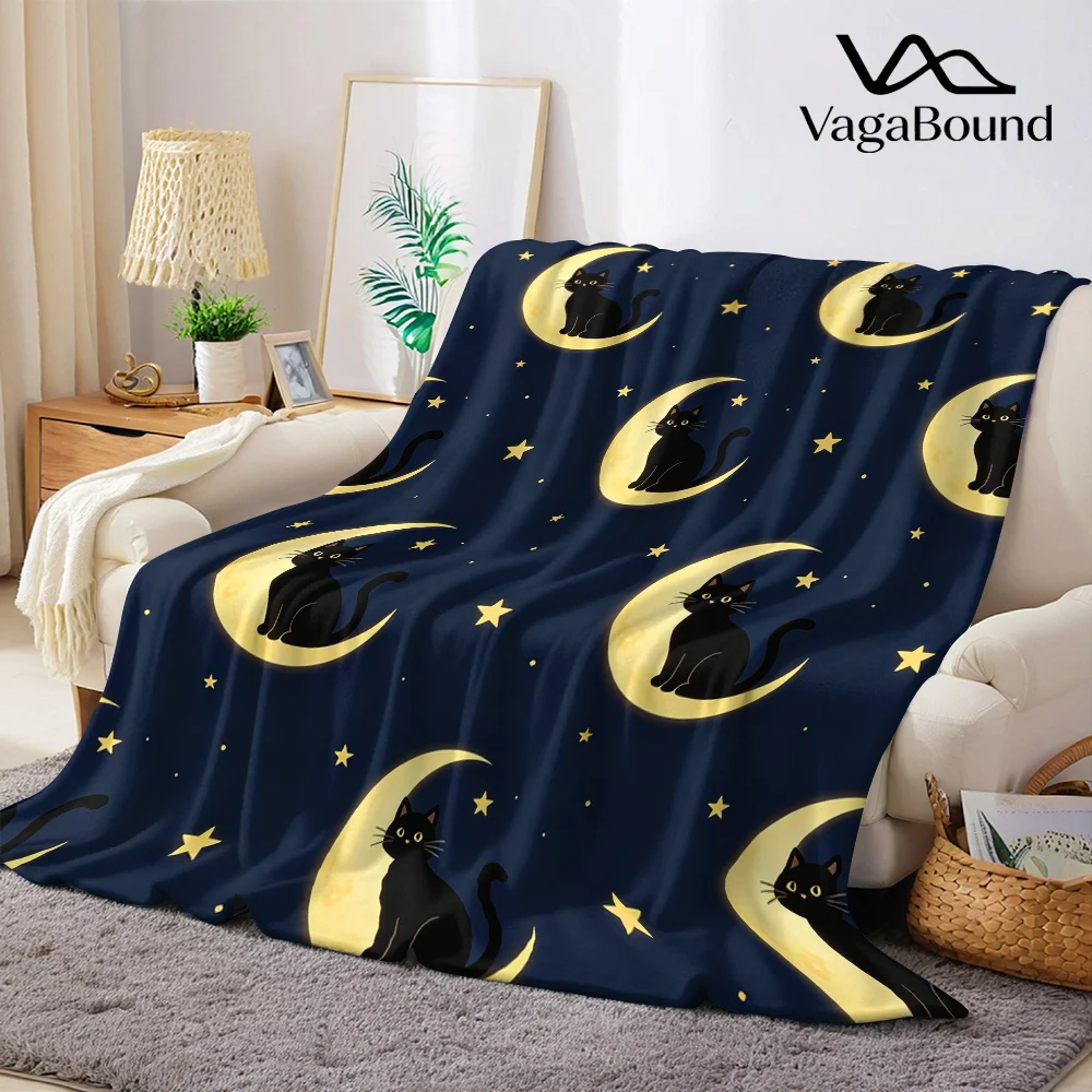 Black Cat Moon Stars Flannel Blanket Warm Soft Halloween Christmas All-Season Couch Decorative Cozy Warm Gift