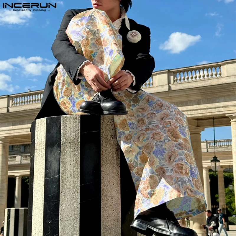 

INCERUN Men Wide Leg Pants Flower Printing Button Korean Style Loose Casual Trousers Men Streetwear 2025 Fashion Male Long Pants