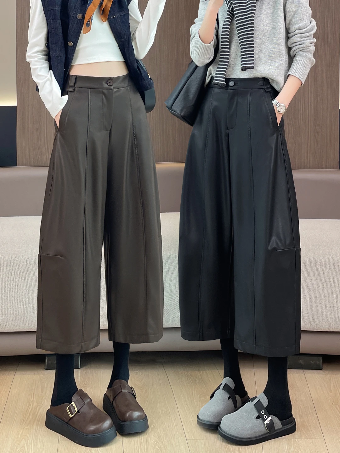 

Женские брюки из искусственной кожи PU с широкими штанинами, высокой талией, утепленные, с эффектом похудения, весна-осень