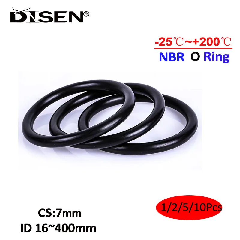 1/2/5/10Pcs Black NBR O Ring Seal Gasket CS 7mm ID 16~400mm Nitrile Butadiene Rubber Spacer Oil Resistance Washer Round Shape