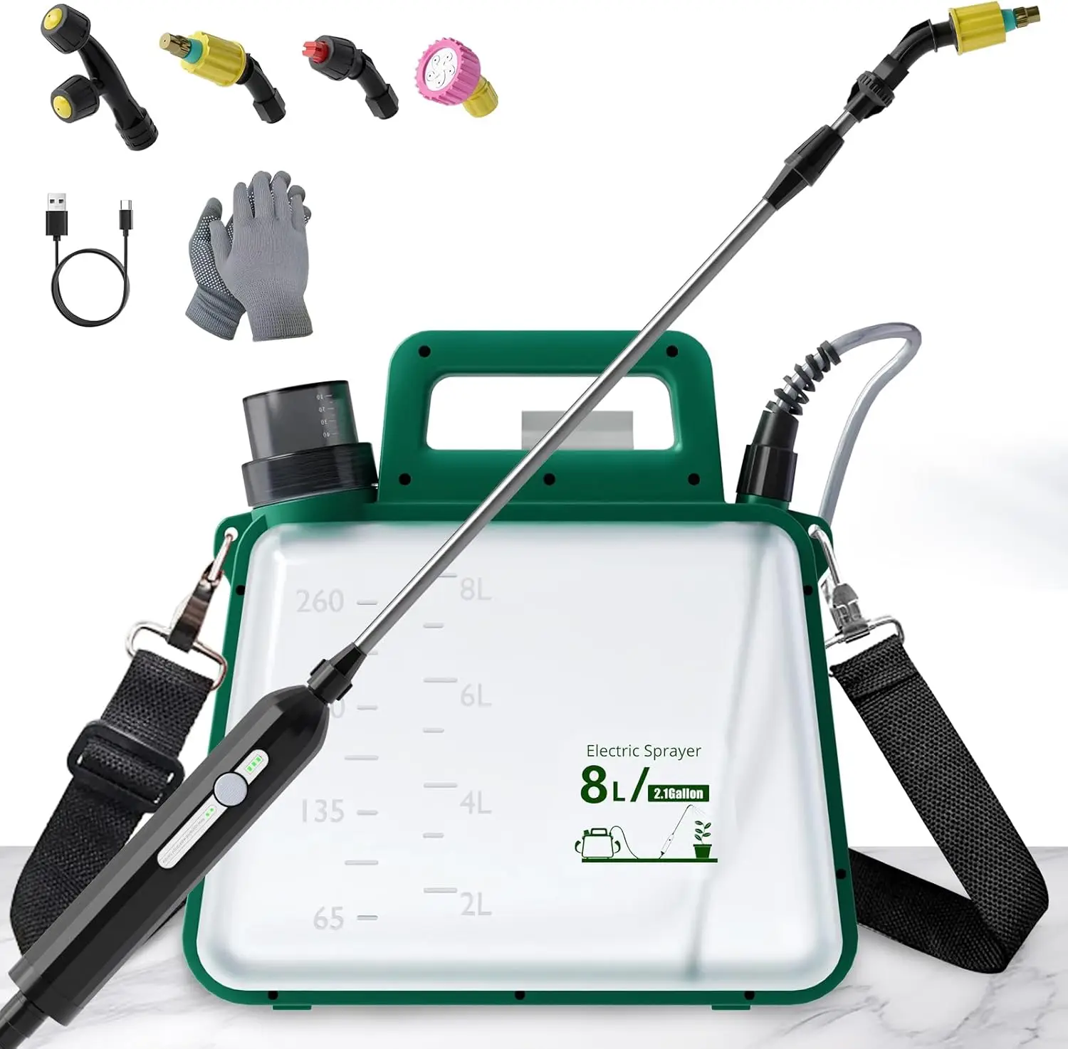 

Электрический садовый опрыскиватель объемом 2,1 галлона с перезаряжаемой ручкой, 4 насадками, регулируемым ремешком для ухода за газоном