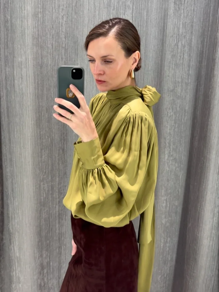 

Elegant Solid Satin Women's Blouse High Neck Tie Back Puff Sleeve Ruched Bodice Top 2026 Women Wedding Guest Party Cocktail Top