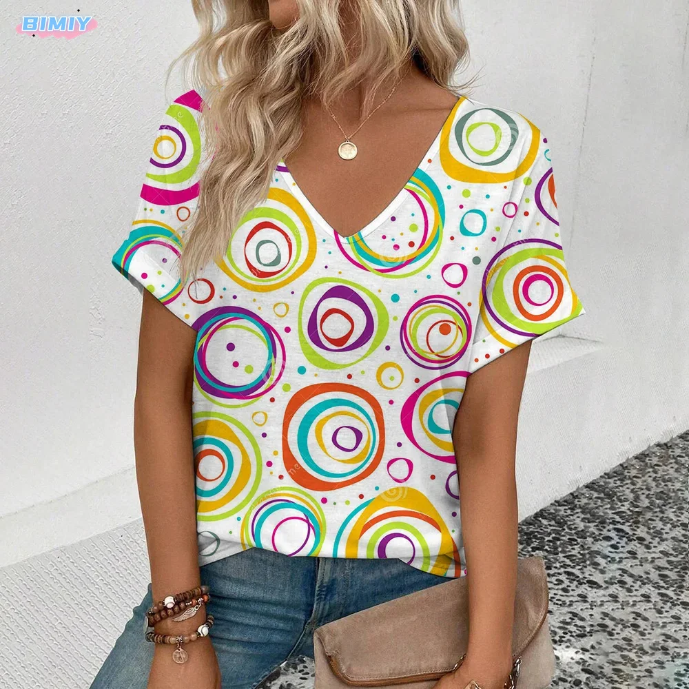 

2025 Retro Dots Pattern Print T-Shirt Fashion Women's Leisure Short Sleeve T-Shirt Top Women's V-neck T-Shirt Women Summer