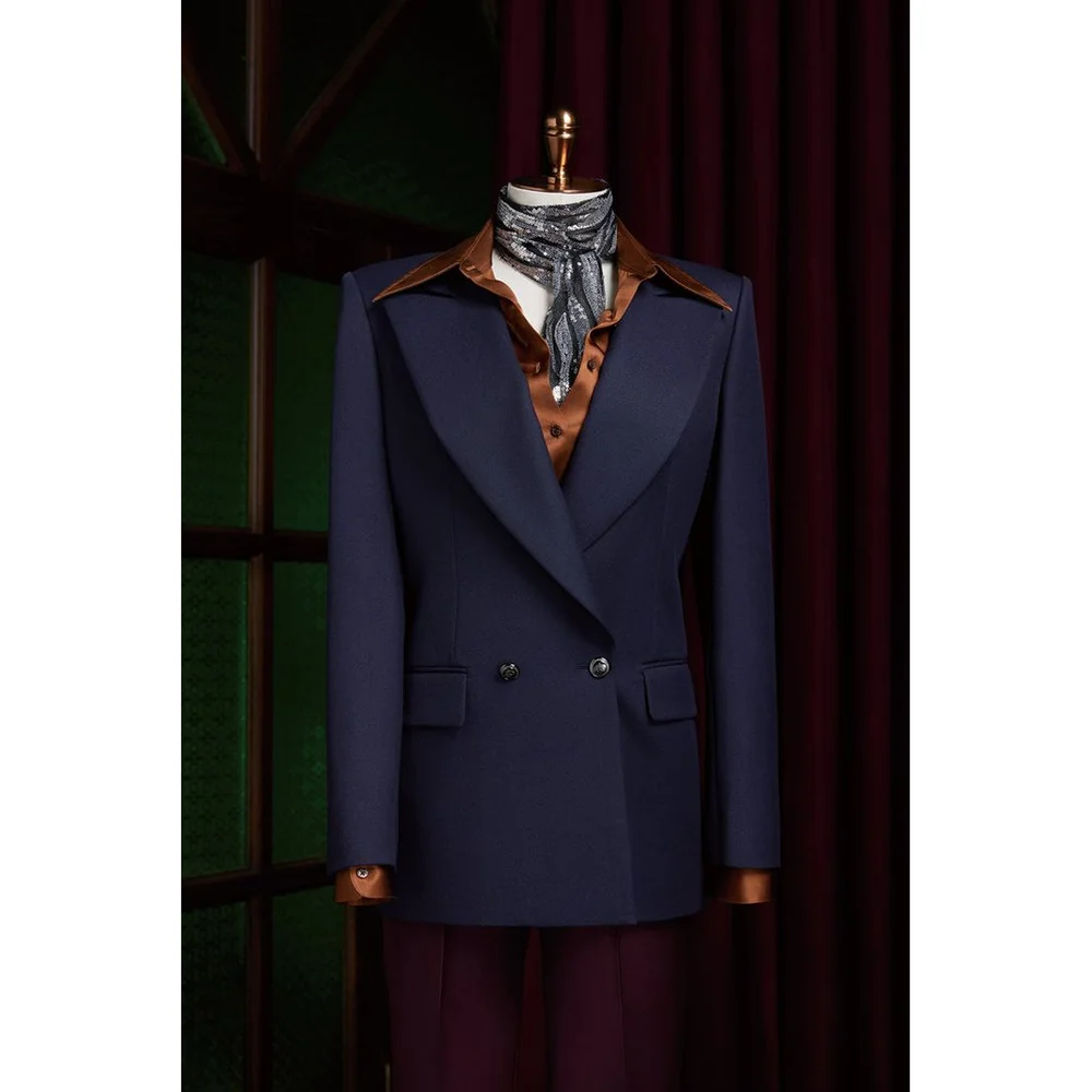 

Navy Blue Double Breasted Peaked Lapel Woman Suits 2 Pieces Blazer+Pants Set Formal Party Sets Office Lady Daily Sets