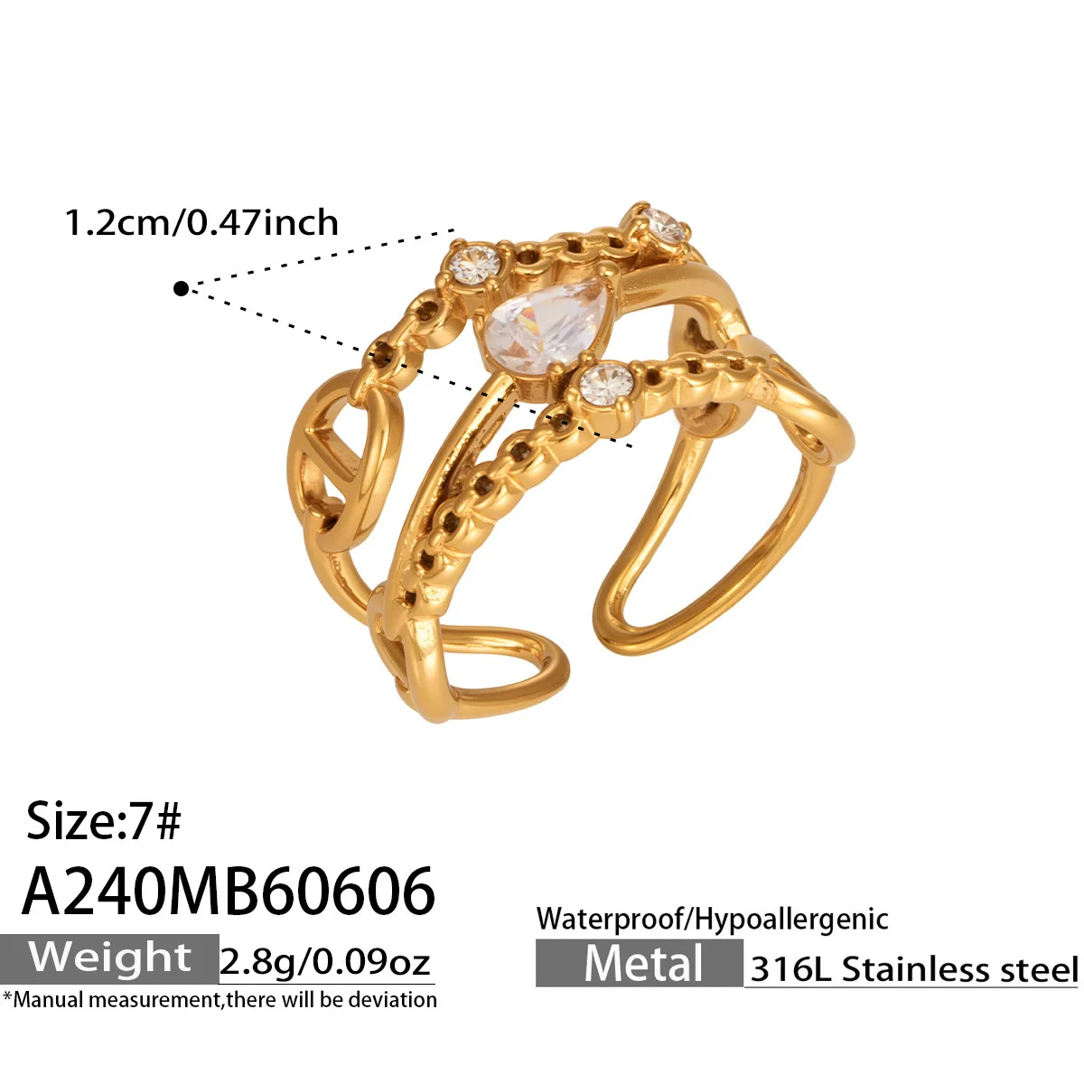 316L Edelstahlring, mehrlagig, mit Perlen und Zirkonia, tropfenförmig, offener Ring, 18 Karat vergoldet, schick, modern, zarter Schmuck für Damen – Detail 8