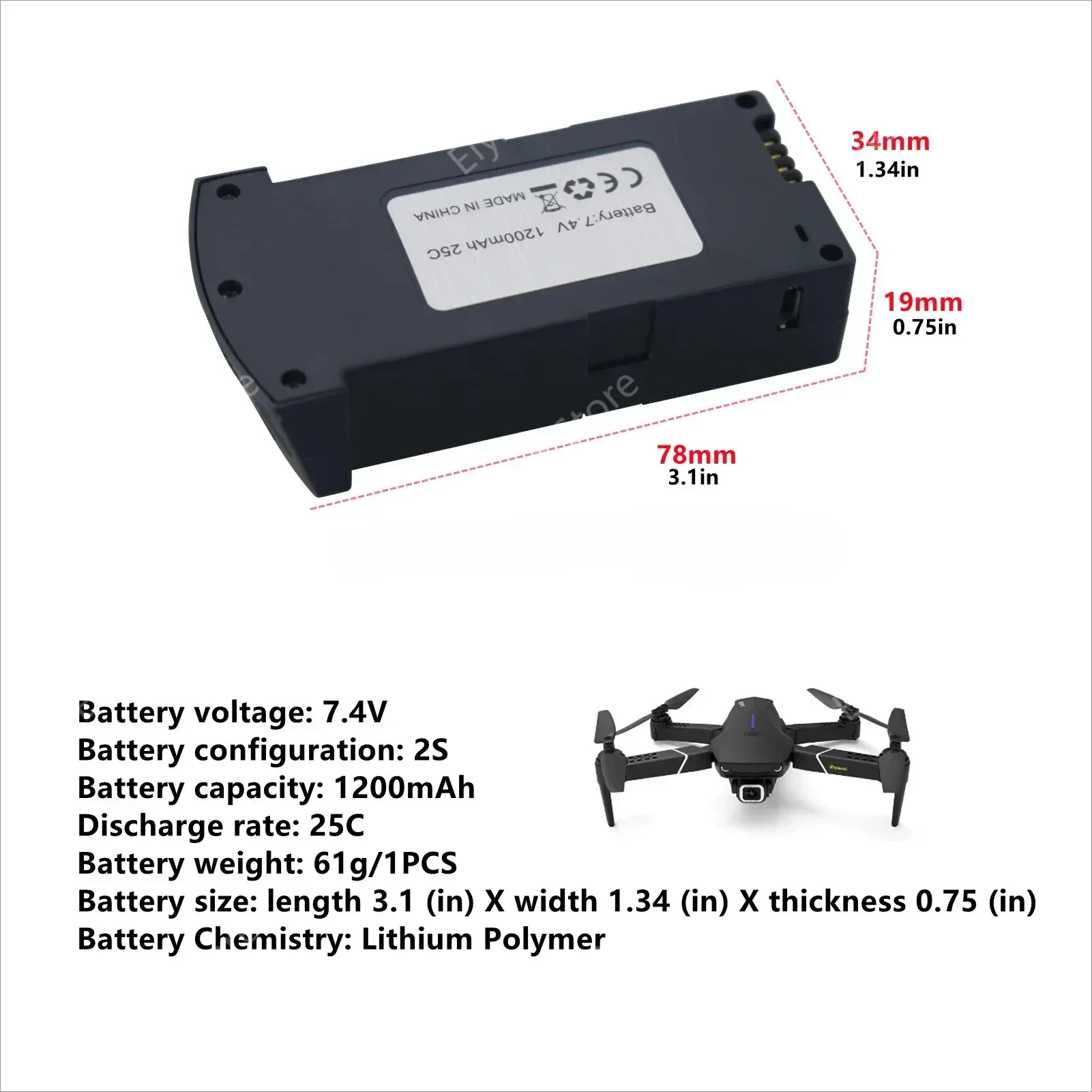 7.4V 1200mah Lithium Battery for E520 E520S Folding Quadcopter Accessories Remote Control UAV Battery