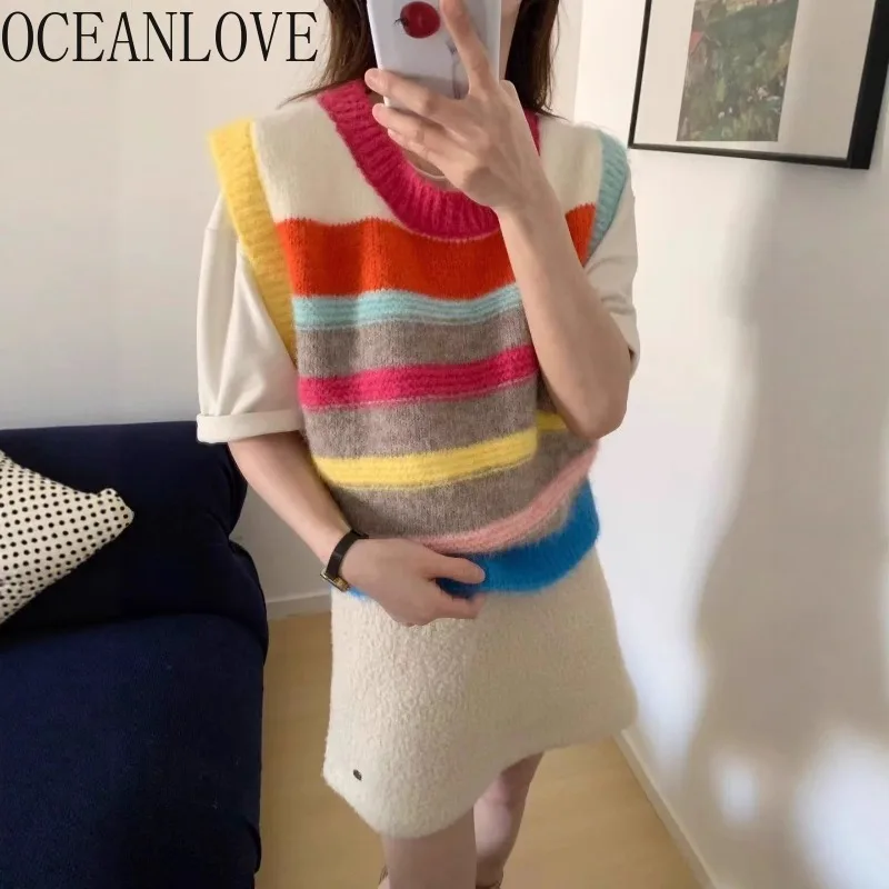 

OCEANLOVE Rainbows Stripes Women Sweaters Contrast Color Autumn Winter Short Vests Sweet Vintage Korean Fashion Pullovers