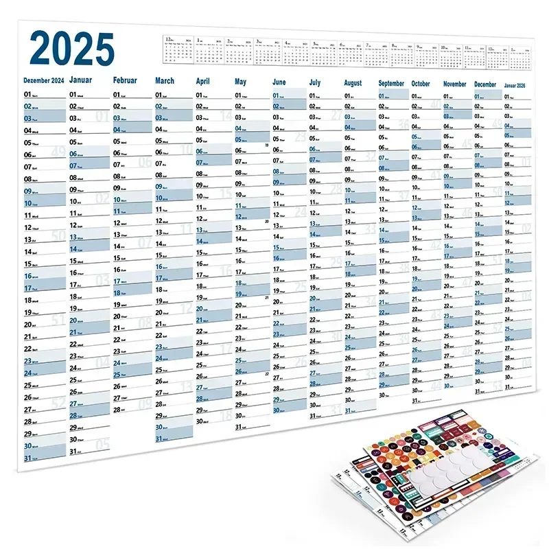 1 pc 2025, kleurrijke grote papieren wandkalender met stickers en tapes, 365 dagen kalender van het jaar, planner, memoschema's