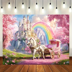 Fairytale Princess Castle photography background - garden banner with white horse carriage, pink cherry blossoms and rainbow