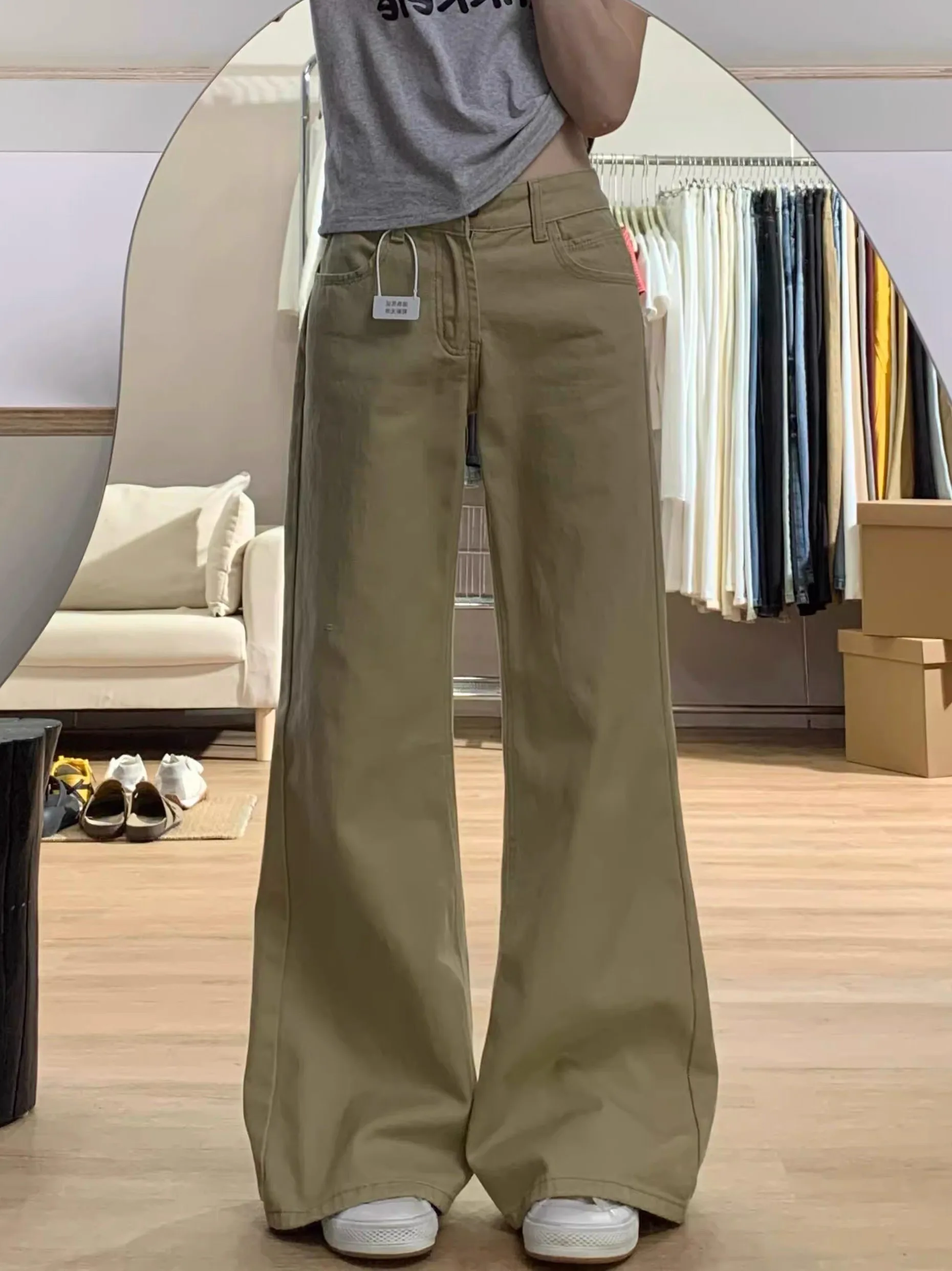 Petite femme américain kaki taille basse jean légèrement évasé sans jambe collant coupe ample minceur jambe large drapé pantalon