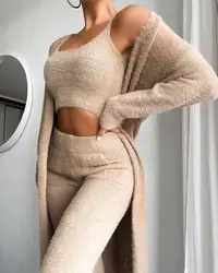 Autumn Winter Plush Vest Three-piece Sexy V-neck Plush Short Vest Trousers Suit Temperament Commuter Women's Three-piece Set