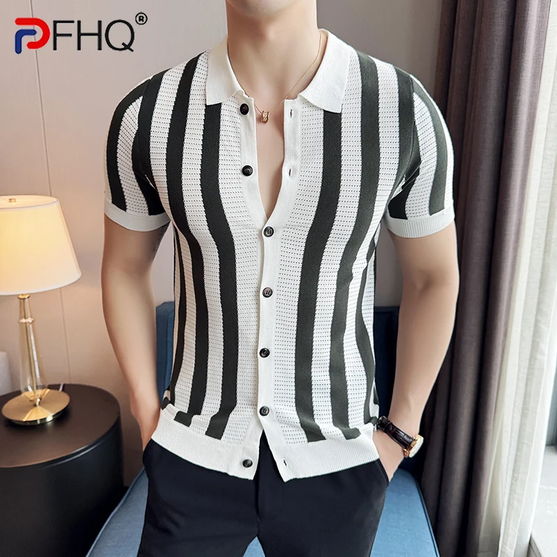 

PFHQ Summer Men's Short Sleeved Shirt Knitted Lapel Top Single Breast Contrast Color New Korea Fashion Male Tops 21Z5361