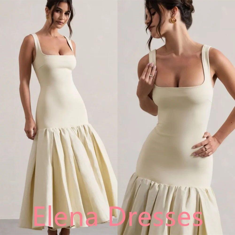 Customized Simple White Jersey Celebrity Gowns Formal Square Collar Spaghetti Straps Zipper Back Customized Vestido De Noche