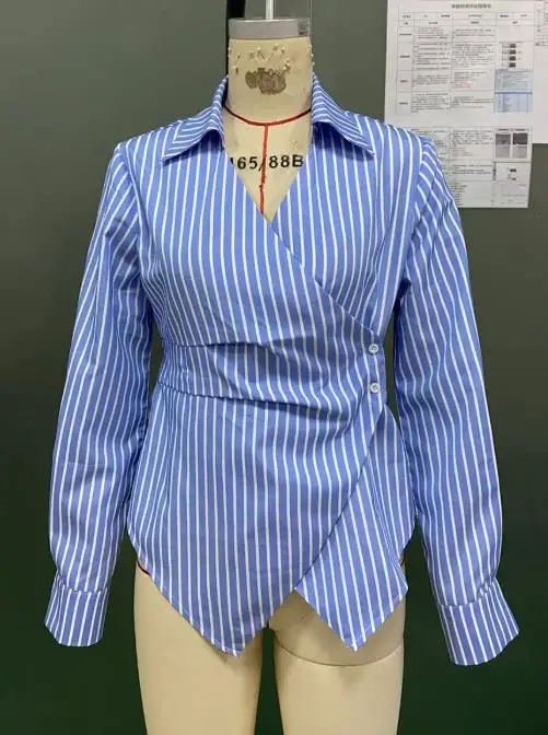 

Women Blouse 2025 Spring Autumn New Fashion Elegant Striped Turn-Down Collar Long Sleeve Versatile Casual Irregular Hem Shirt