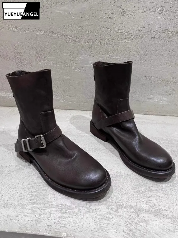 Autumn New Women Buckle High Top Work Safety Shoes Comfortable Low Heels Winter Fleece Liner Cowhide Genuine Leather Ankle Boots
