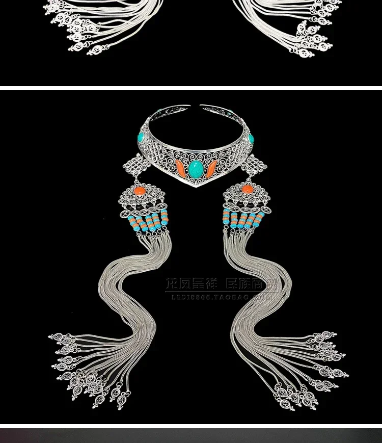 Headgear Female long fringed ethnic style performance Hair accessories Alloy imitation silver Mongolian wedding