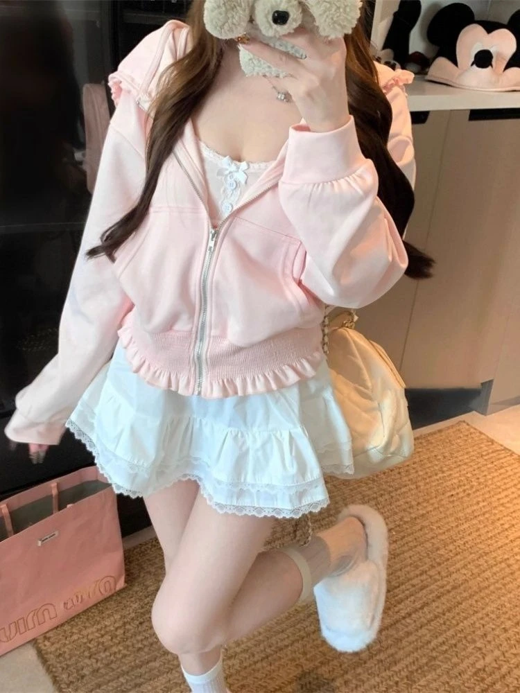 Women Sweet Kawaii Hooded Sweatshirt Early Autumn Casaul Cute Slim Fit Zipper Cardigan Elegant Fashion Solid Jacket Chic New