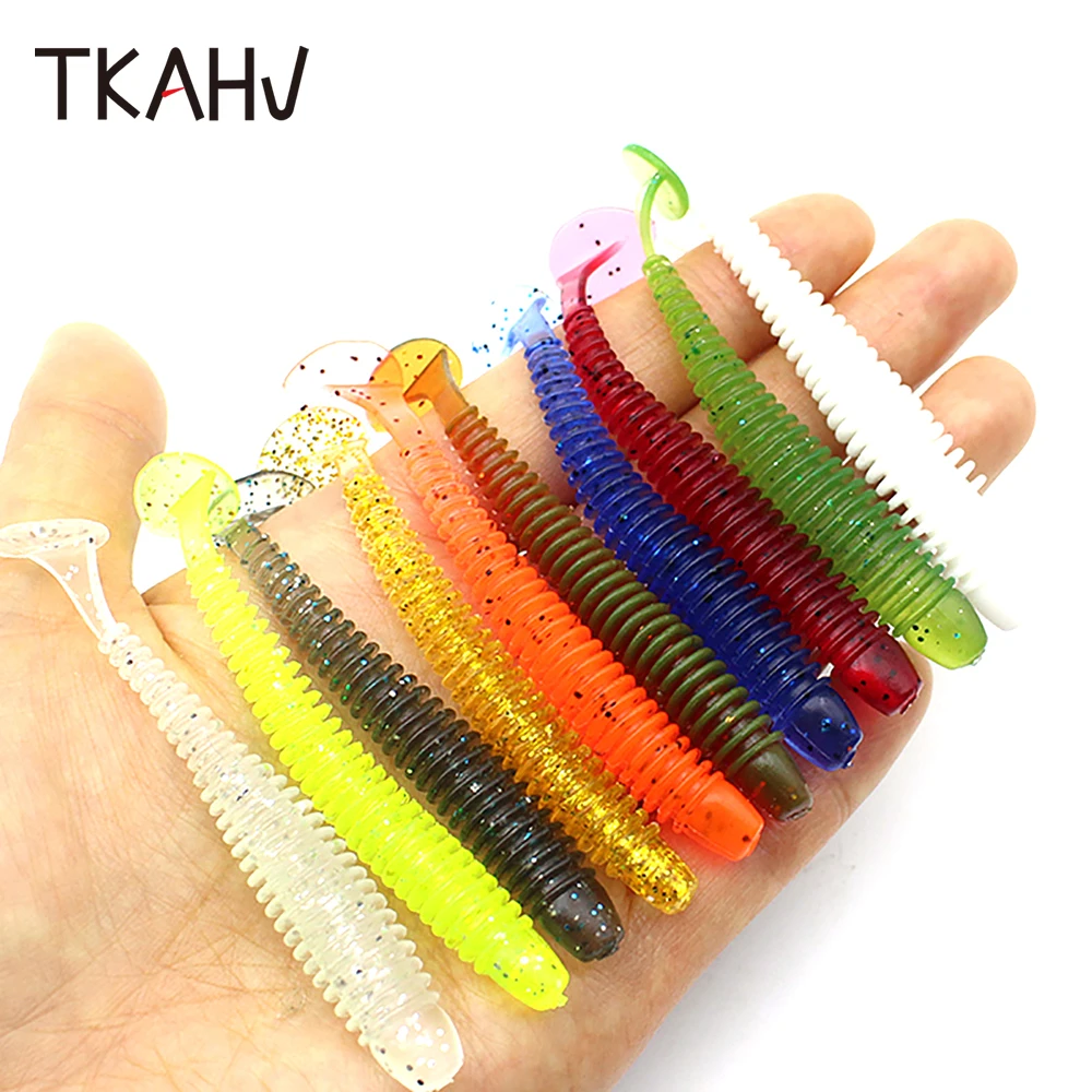 TKAHV-señuelo de silicona de 60 mm y 75mm, anillo de impacto de cola de paleta, gusano de sábalo suave, cebo Artificial para lubina, Jigg, Wobblers, aparejos de Swimbait, 10 Uds.