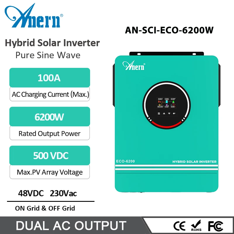 Anern 6200W on Grid Inverter Off Grid 6kw 48v Pure Sine Wave Solar Grid Tie Inverter Max 500vdc MPPT 120A Charger