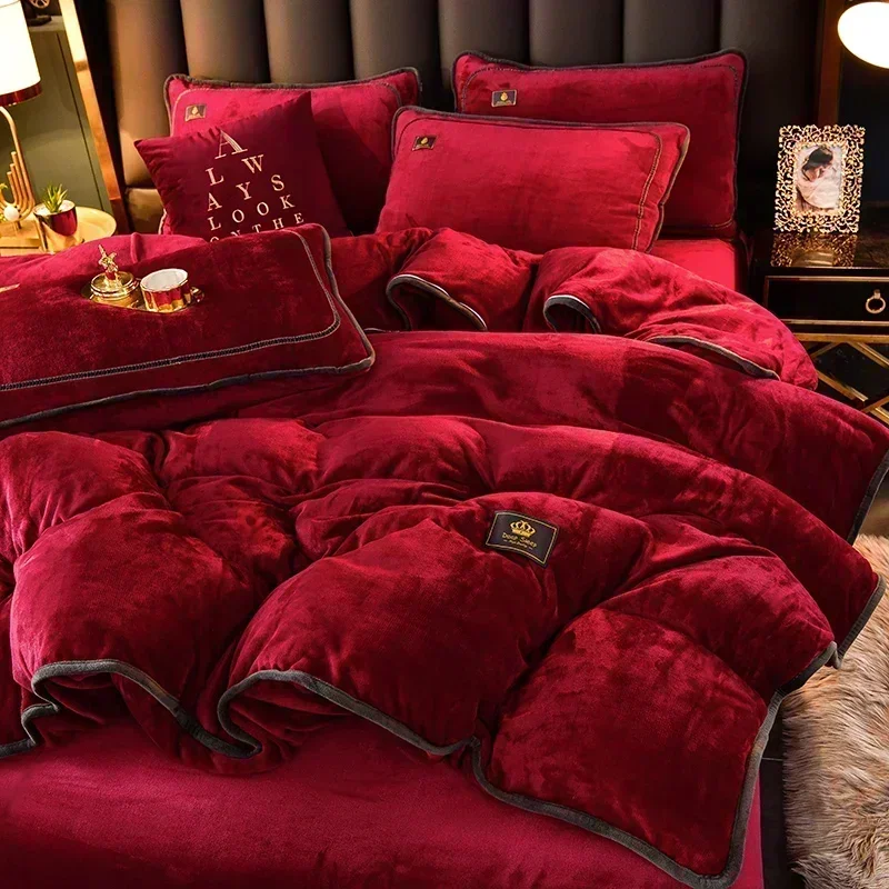 Hochwertiges, warmes Bettbezug-Set aus Milchsamt für Herbst und Winter mit Bettlaken, Bettbezug und Kissenbezügen, wärmes, gemütliches Bettwäsche-Set, Queen-Size-Bett