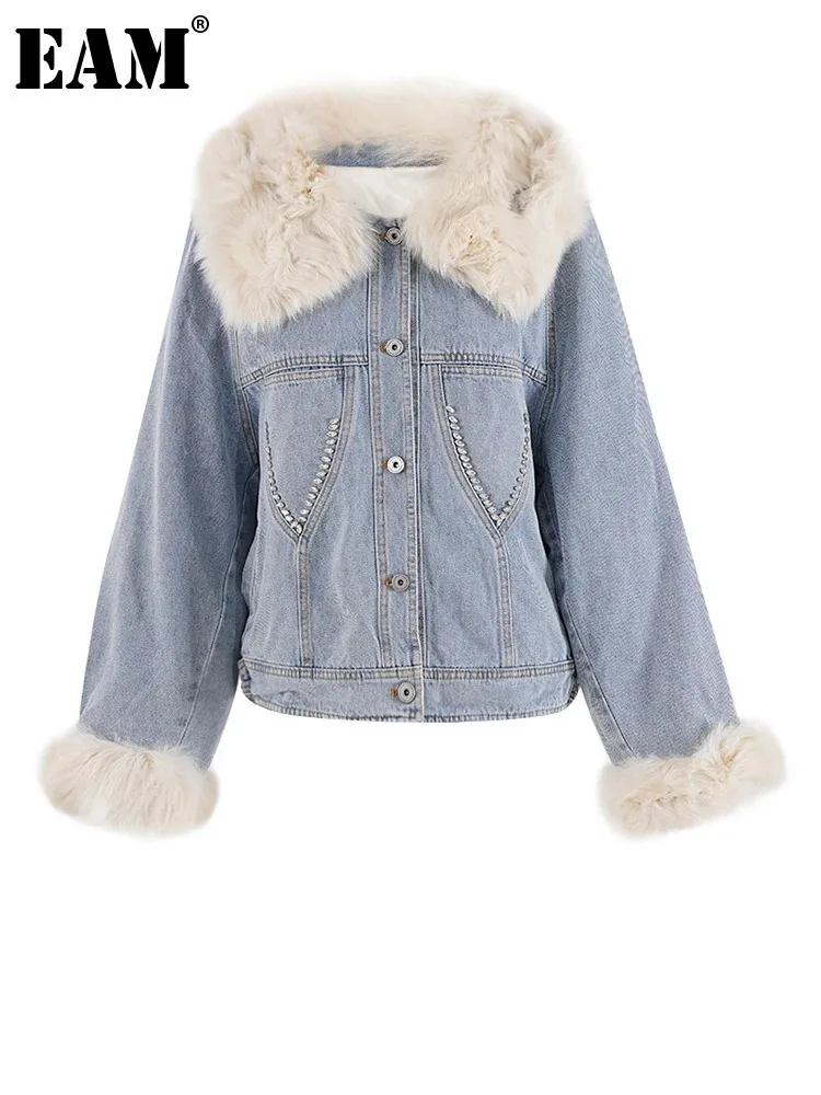 [EAM] Blue Denim Thick Big Size Casual Jacket New Fur Collar Lapel Long Sleeve Women Coat Fashion Autumn Winter 2025 CPG2443