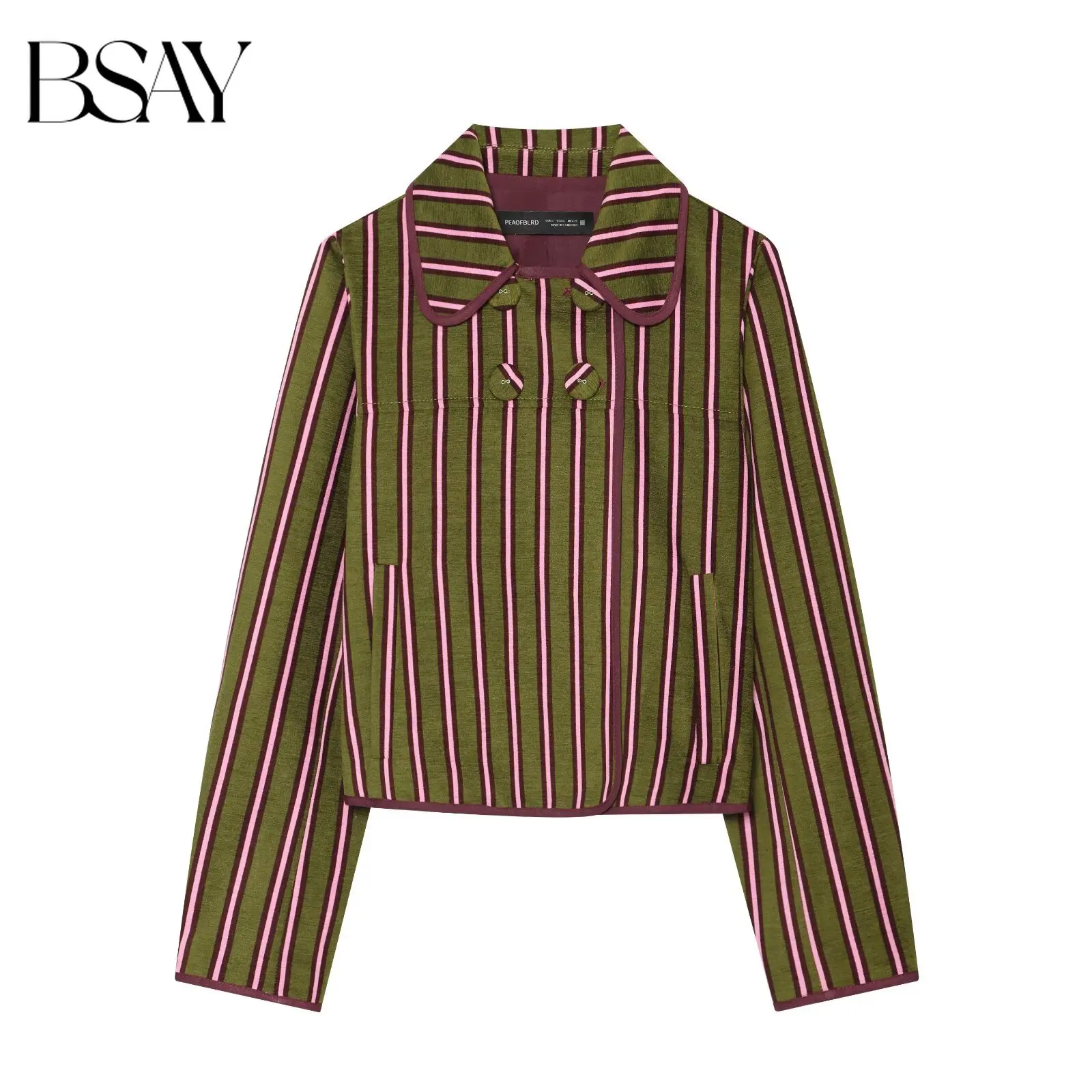 BSAY Autumn Women Vertical Striped Double Breasted Short Jacket Long Sleeve Doll Collar Contrast Binding Trim Retro Outerwear