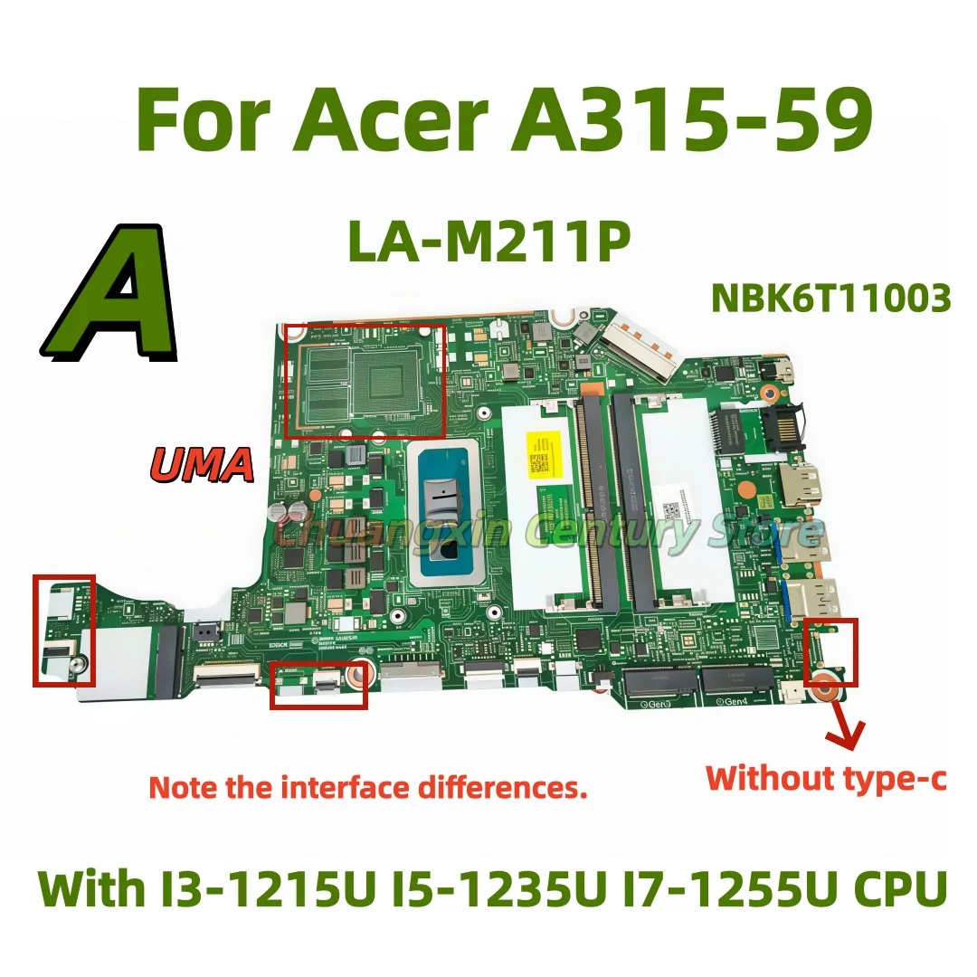 LA-M211P Is Suitable for Acer A517-53G A315-59 Laptop Motherboard with I3-1215U I5-1235U I7-1255U UMA Tested and Shipped