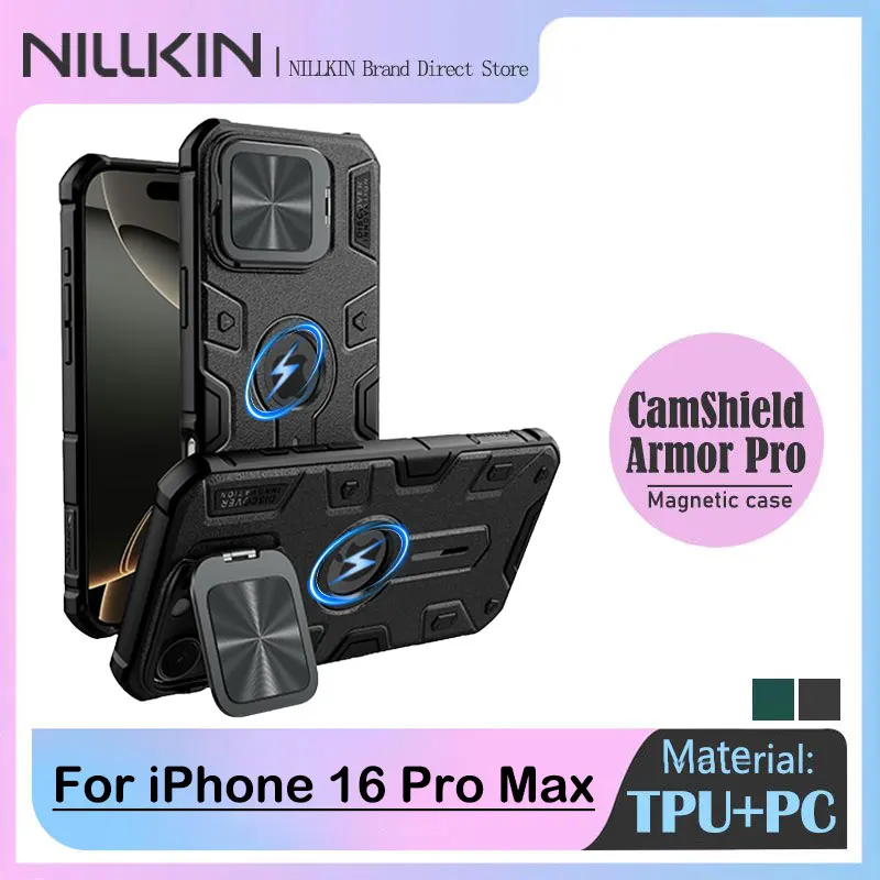 

Магнитный чехол NILLKIN для iPhone 16 Pro Max, задняя крышка Magsafe с кронштейном, держатель объектива, противоударный, защита от царапин