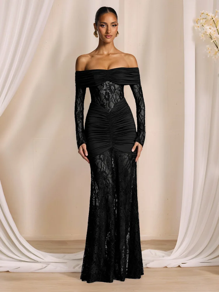

Шикарное кружевное длинное облегающее платье с открытыми плечами и высокой талией, сексуальный сарафан на осень, застежка-молния из полиэфирной ткани