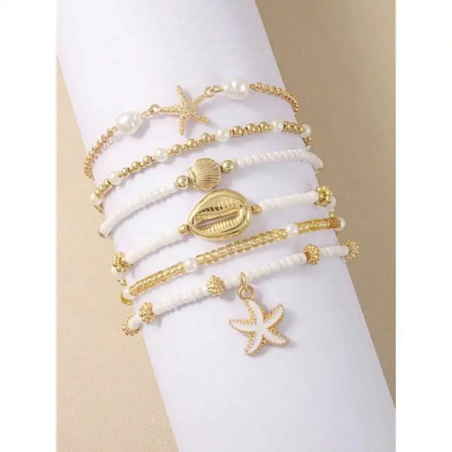 6pcs/Set Summer Beach Multilayer Stacked Pearl Bracelets Fashionable Starfish And Shell Pendant Bracelet Set Sexy Women Beach/Casual Date Jewelry Gift Bead Quantity And Order Random