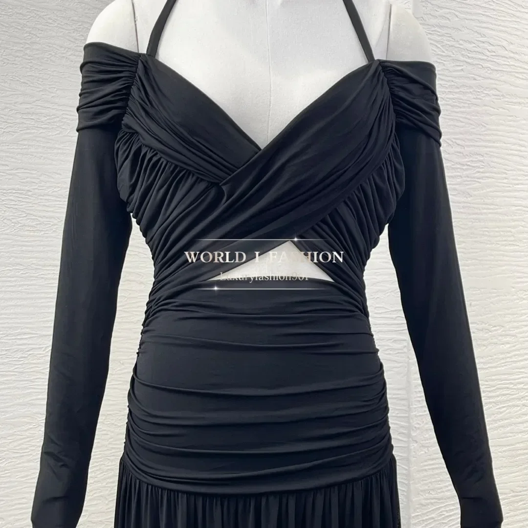 فستان ماكسي أسود عالي الجودة بأكمام طويلة مع رسن مكشوف الكتفين وخصر مقصوص 2025 #5