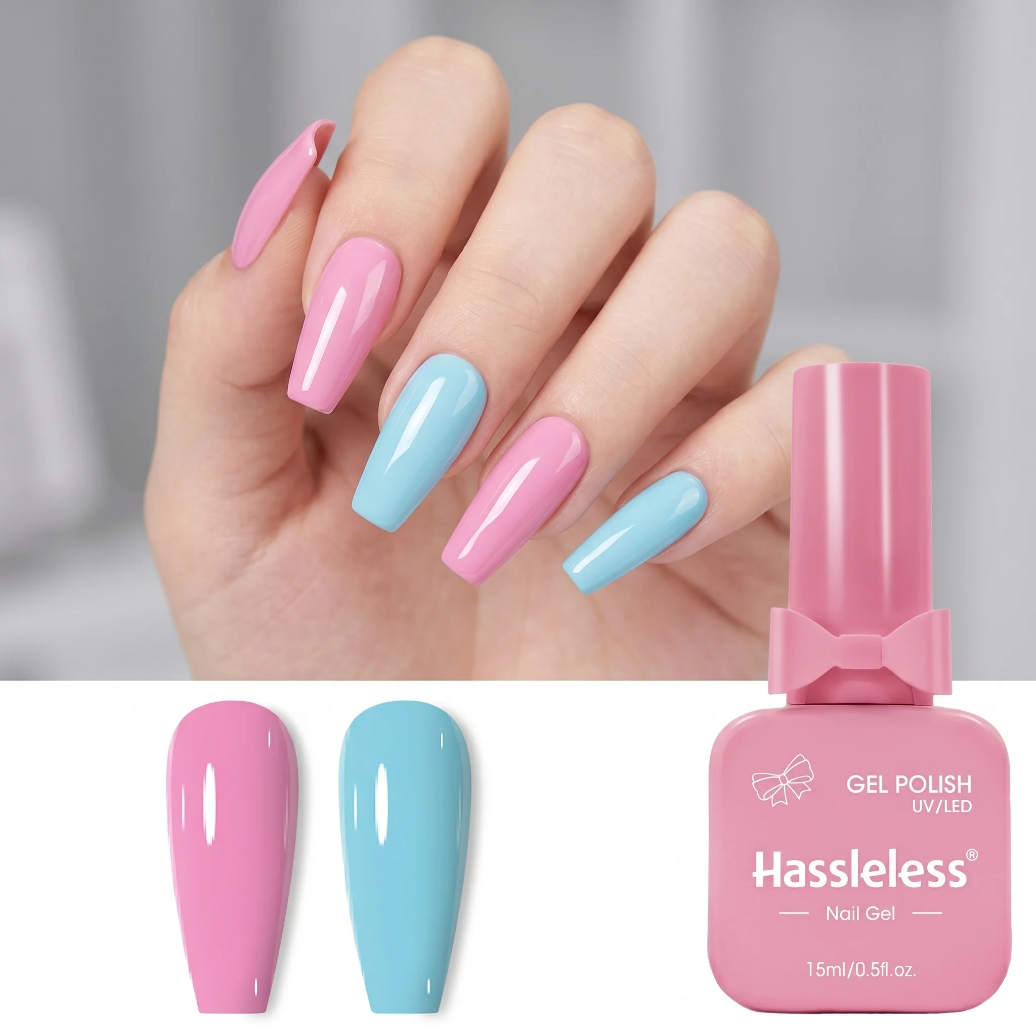 Hassleless 2-Piece Macaron Pink and Blue Nail Polish Gel Set, Sweet Cherry Blossom Pink and Fresh Light Lake Blue Dual-Color Combination, DIY Nail Art at Home
