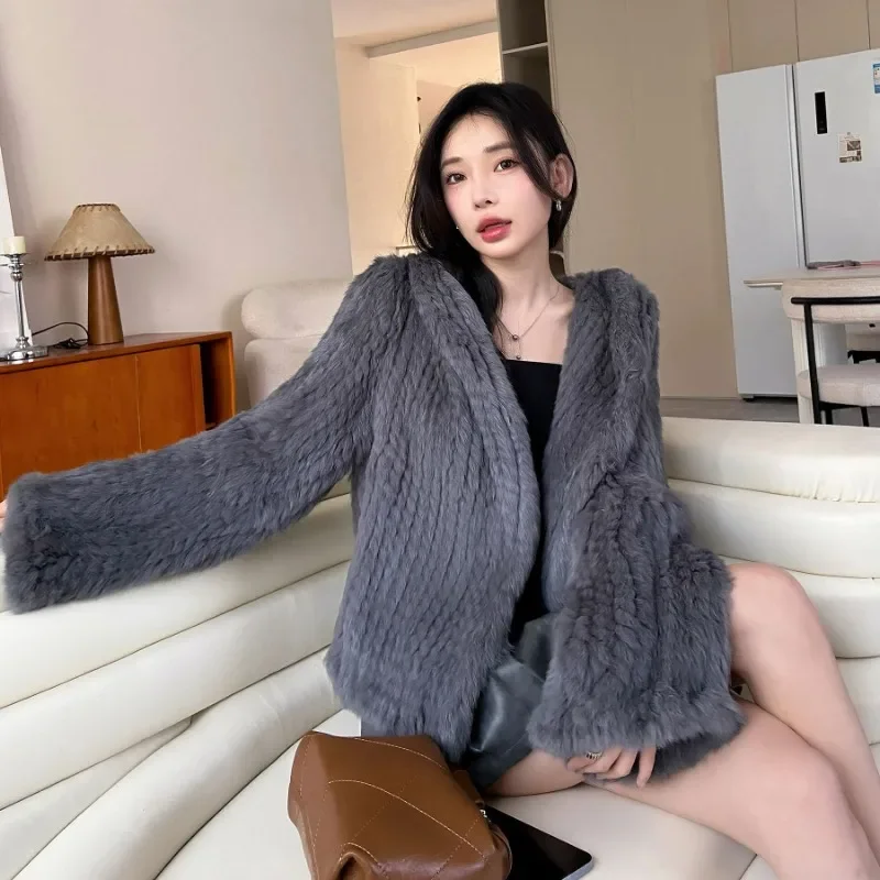 Real Rabbit Fur Hooded Coat Long Sleeve Women Casual Loose Knitted Genuine Fur Jacket With Hood Female Natural Fur Outwear