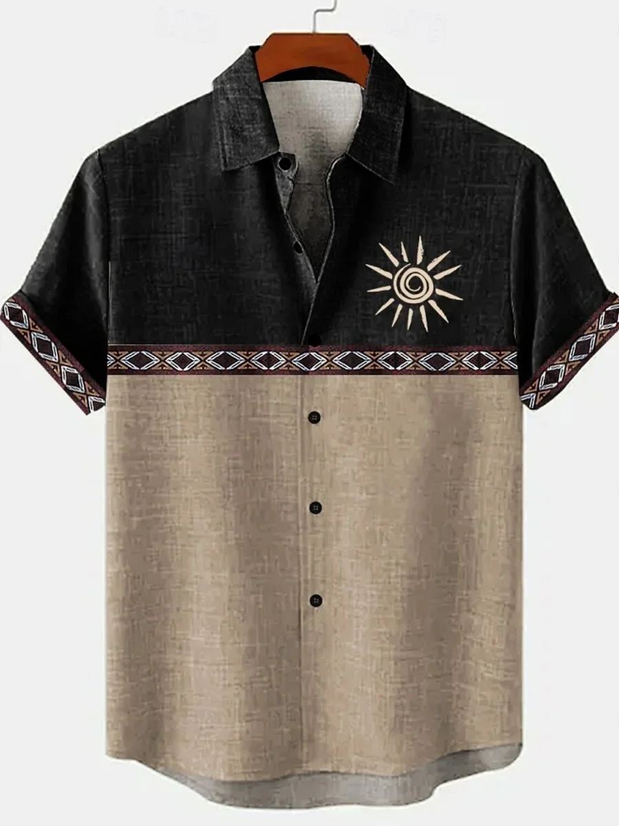 

New men's vintage ethnic print linen shirt, summer vacation style Hawaiian street style shirt, fast shipping