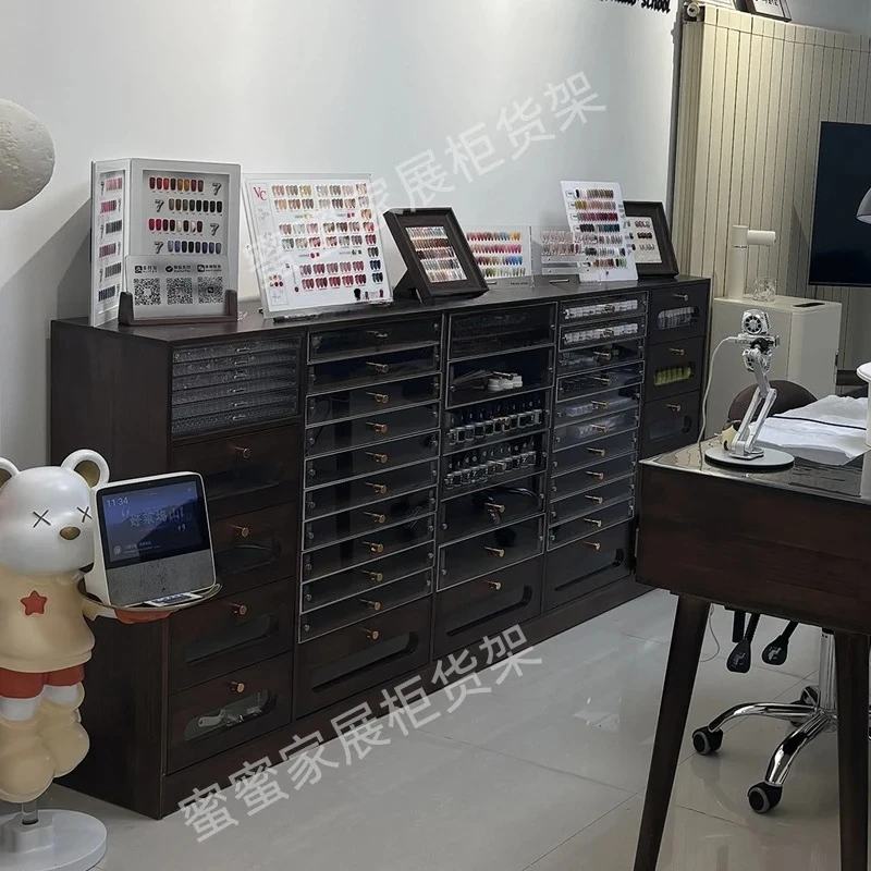 Solid Wood Vintage Style Nail Art Display Cabinet Nail Polish Storage Cabinet  Gel Nail Salon Storage Cabinet