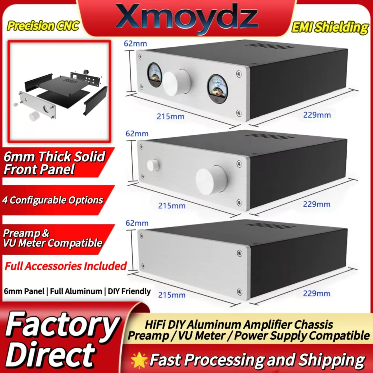 

Корпус для Hi-Fi усилителя из алюминия 215*62*229 мм, DIY, для предусилителя, блока питания, VU-метра, внутренний размер 203*53*220 мм