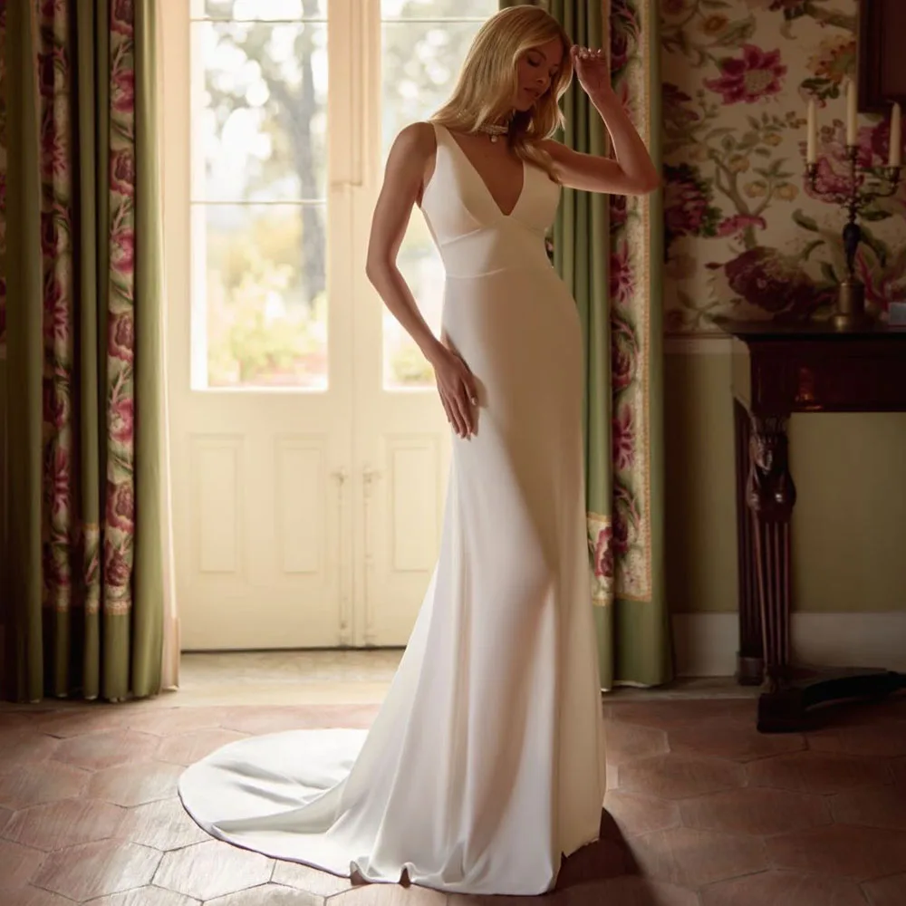 Customized Women White Jersey Mermaid Wedding Dress Simple Sleeveless V-Neck Bridal Gowns Court Train Vestidos De Novia 2026
